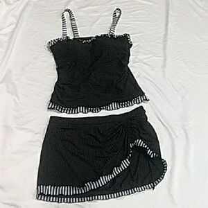 Black Swim Suit with Striped Trim.